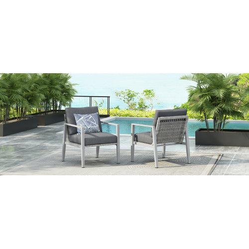 [Set of 2] Silver Aluminum Lounge Chair with Sleek Rope Accents and Comfortable Cushions, Perfect for Modern Outdoor and Indoor Spaces