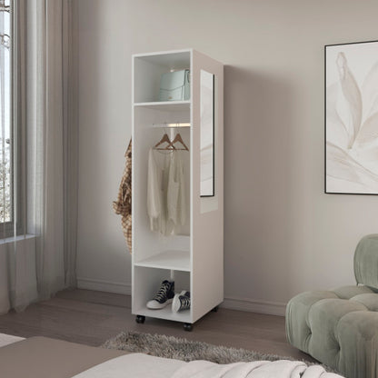Armoire 63"H, with 3 Shelves, 1 Mirror, and 4 Wheels, White
