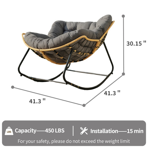 Larger Outdoor Rocking Chair, Patio Egg Rocking Chair, Indoor Papasan Chair, Rattan Wicker Lounge Chair, Modern Royal Chair for Bedroom, Living Room, Porch, Garden,Lawn-Dark Grey