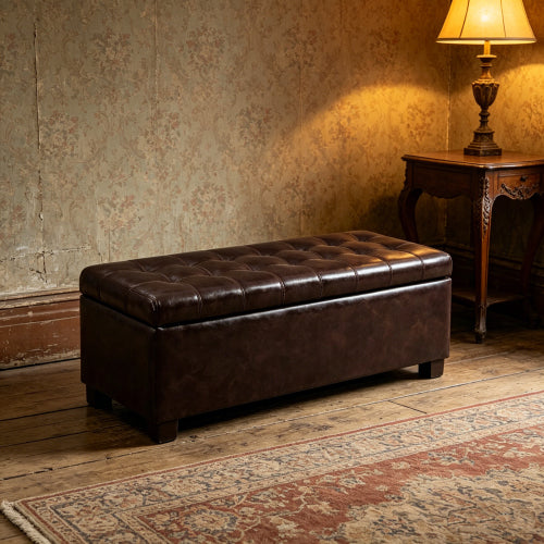 49.75 inch Brown Synthetic Leather Tufted Storage Ottoman Bench, 300 LBS Wooden Leg Entryway Footrest with Safety Hinge