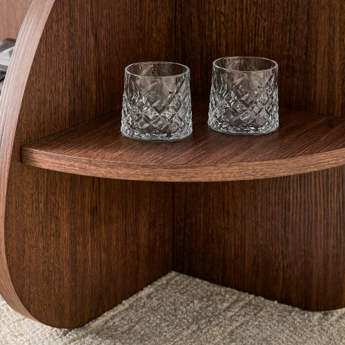 Round Coffee Table with Gray Tempered Glass Top & Fan-Shaped Storage