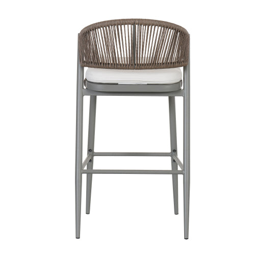Outdoor 30.25" Seat Height Metal Frame Barstools with PE Rattan Scallop-shaped Backrest, Set of 2, Matte Grey