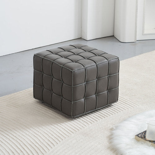 17.32 Inch Grey Genuine Leather Tufted Ottoman, Multi-Purpose Square Footstool for Bedroom & Living Room