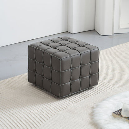 17.32 Inch Grey Genuine Leather Tufted Ottoman, Multi-Purpose Square Footstool for Bedroom & Living Room