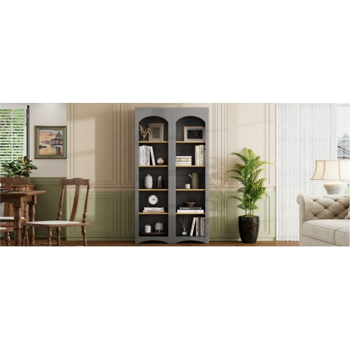 72''H Grey Farmhouse 5-Tier Combined Bookshelf Adjustable Shelf Home Pantry Storage Cabinet Set