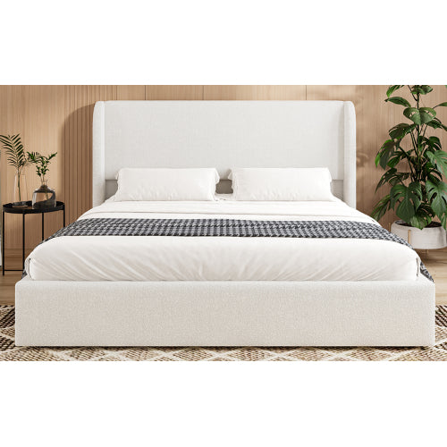 Queen Size Boucle Bed Frame, Upholstered Cloud Bed Frame with Headboard, Solid Wood Legs and Slats, No Box Spring Needed, White