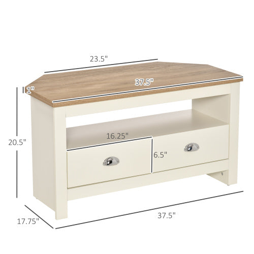 37.5 Inch White Trapezoidal Corner TV Stand for 50 Inch TV with Drawers & Open Compartment