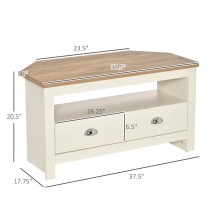 37.5 Inch White Trapezoidal Corner TV Stand for 50 Inch TV with Drawers & Open Compartment