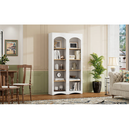 72''H White Farmhouse 5-Tier Combined Bookshelf Adjustable Shelf Home Pantry Storage Cabinet Set