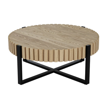 31.5inch  Round Drum Coffee Table MDF Wood Grain Industrial Metal Base
