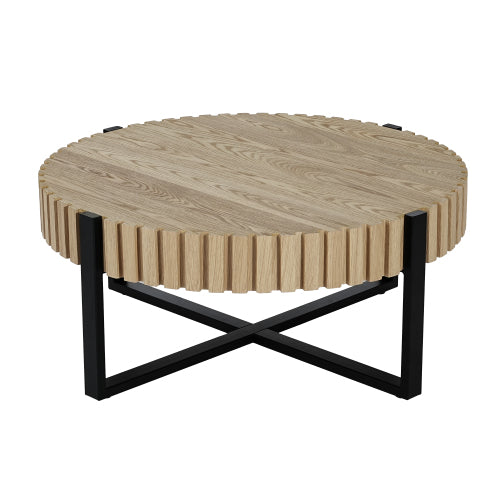 31.5inch  Round Drum Coffee Table MDF Wood Grain Industrial Metal Base