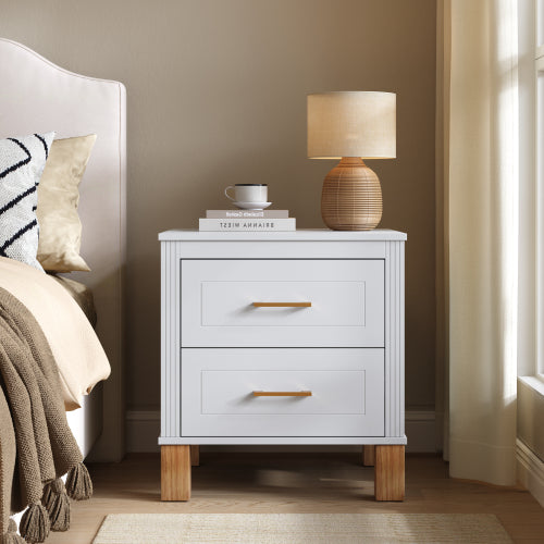 White Fluted Nightstand, 2-Drawer Bedside Table with Metal Handles & Solid Wood Legs