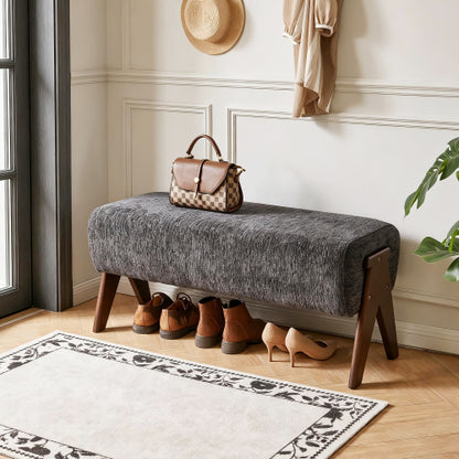 Modern Decorative Chenille Fabric Bench, Ergonomic Padded Entry Bench with Solid Wood Legs, Upholstered Ottoman Bench for Foyer Bedroom Living Space