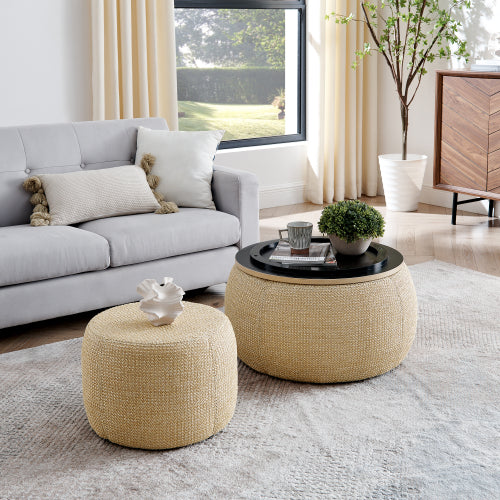 Natural Rattan Fabric Round Storage Ottoman with Inner Stool, 2 in 1 Footrest & Side Table, 25 inch x25 inch x14.7 inch