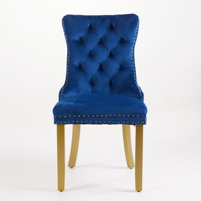 Mid-Century Modern Velvet Dining Chairs Set of 2 with Lion Head Pull Ring, Tufted Upholstered Chair, Blue