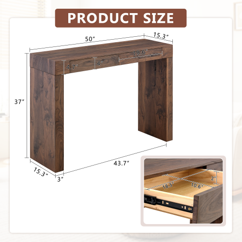Elegant natural walnut wood grain bar table -50 inches long, a practical choice for modern home decor. Walnut wood grain texture veneer, equipped with double drawers, can be used as both a bar counter