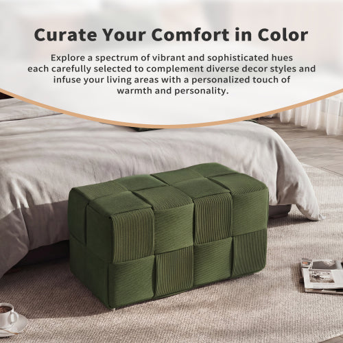 Green Square Corduroy Woven Ottoman, 300 LBS Engineered Wood Frame No-Assembly Vanity Foot Stool