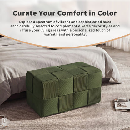 Green Square Corduroy Woven Ottoman, 300 LBS Engineered Wood Frame No-Assembly Vanity Foot Stool