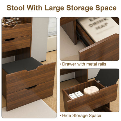 3-in-1 Vanity Desk with Lighted Mirror & Stool, Flip Top Makeup Dressing Table, Compact Storage for Bedroom, Bathroom, Dressing Room(23.62inch L, Walnut)