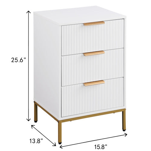 White Mid-Century Nightstand, 3 Wavy Drawers with Gold Metal Legs & Handles Bedroom End Table