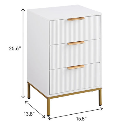 White Mid-Century Nightstand, 3 Wavy Drawers with Gold Metal Legs & Handles Bedroom End Table