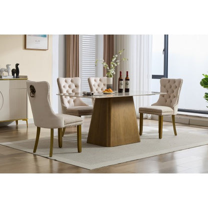Mid-Century Modern Velvet Dining Chairs Set of 2 with Lion Head Pull Ring, Tufted Upholstered Chair, Beige