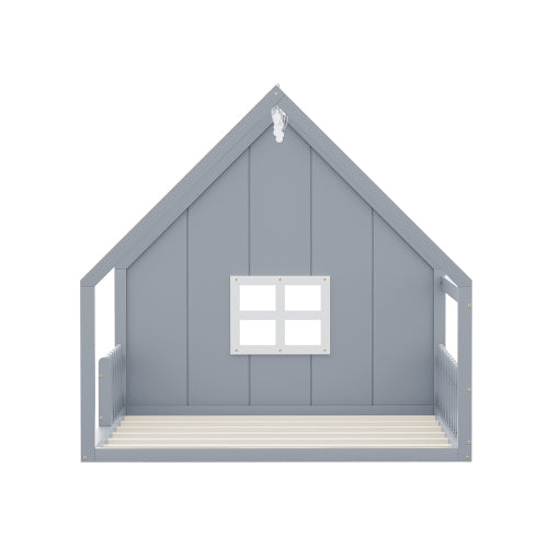 Full Size Wood House Bed with Window and Fence, Gray