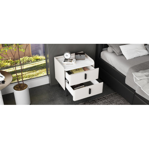 Nightstand with 2 Drawers, Night Stand with Marble-Pattern Tabletop, Modern Beside Table for Bedroom, End Table for Living Room, White