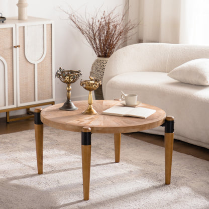 36.22inch  Round Radial Grain Coffee Table, Solid Wood & MDF with Black Metal Accent Legs