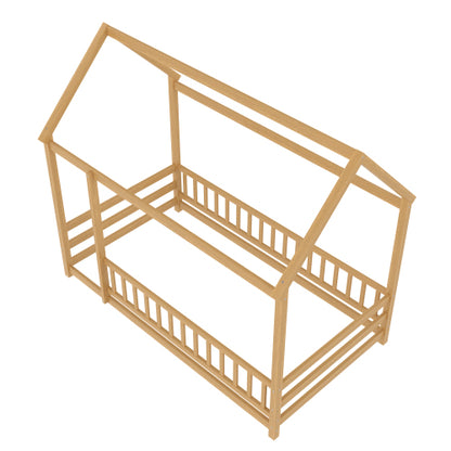 Twin Size Floor Wooden Bed with House Roof Frame, Fence Guardrails,Natural