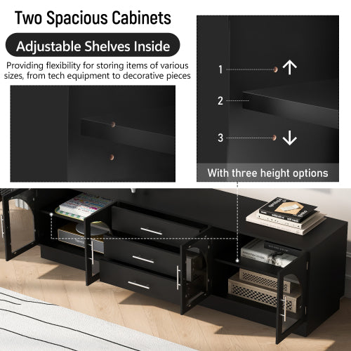 68.9 Inch Minimalist Arched Glass TV Stand for 75 Inch TV with 3 Drawers & Adjustable Shelves