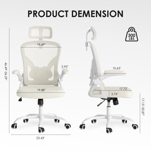 Ergonomic Office Chair, Home Office Desk Chair with Headrest, High Back Computer Chair with Armrests and Adjustable Lumbar Support for Home Office Study Room,White & White