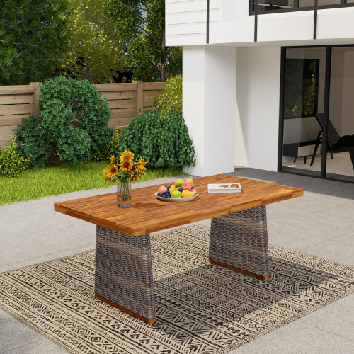 Outdoor Acacia Wood Dining Table,Teak Finish+ Grey Wicker