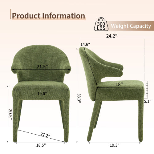 Set of 2 Boucle Fabric Hug Chairs with Armrests, Upholstered Accent Dining Chairs, Green