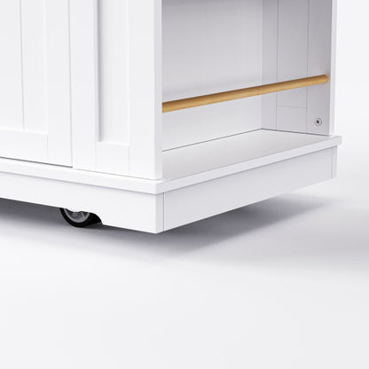 53inch Large Kitchen Island with 2 Bar Stools, Power Outlet,Door Internal Storage Rack, Kitchen Storage Cart on 5 Wheels with Drop Leaf, 5 Open Side Racks, 3 Drawers,White(Three Packages)
