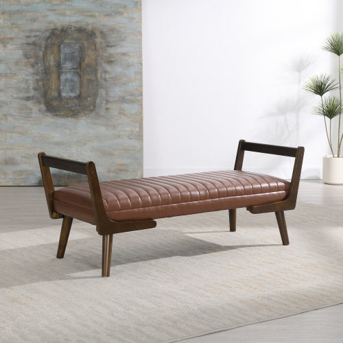 52 inch Cognac PU Mid-Century Bench Ottoman, Walnut Wood Leg Water-Resistant Footrest, 300 LBS for Bed End & Entryway