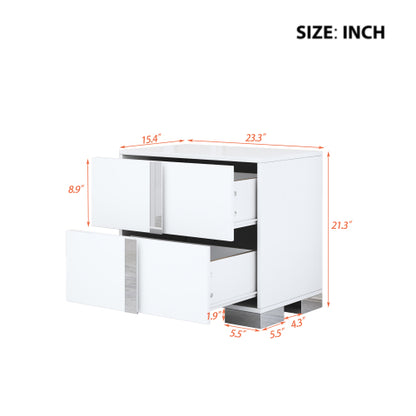 White Mirrored Nightstand with Metal Legs and 2 Drawers