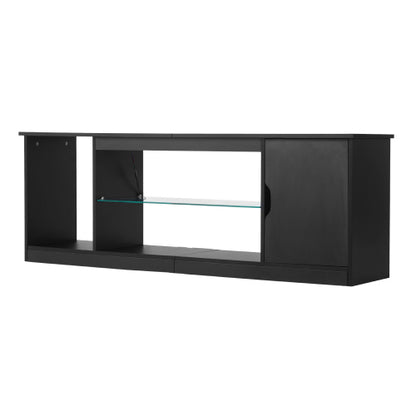 65 Inch Black Minimalist LED Light TV Stand with Tempered Glass Adjustable Storage Shelves