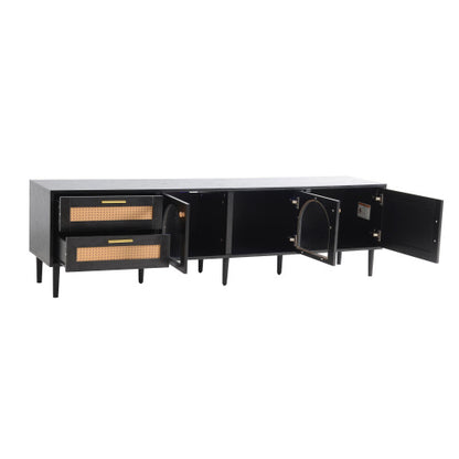 70.8 Inch Black Rattan LED TV Stand Solid Wood Leg Media Console Supports 80 Inch TV