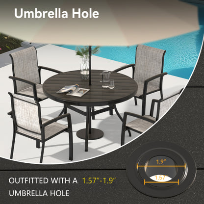 Outdoor Round Patio Dining Table for 6-7, All Weather Metal Dining Table with Umbrella Hole for Deck Lawn Garden Backyard, Black Color