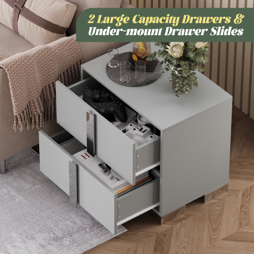Modern End Table with Drawers, Elegant Nightstand with Metal Foot,Wood Bedside Table with Mirrored Metal Handles,Sofa Side End Table for Bedroom Living Room Office,Grey