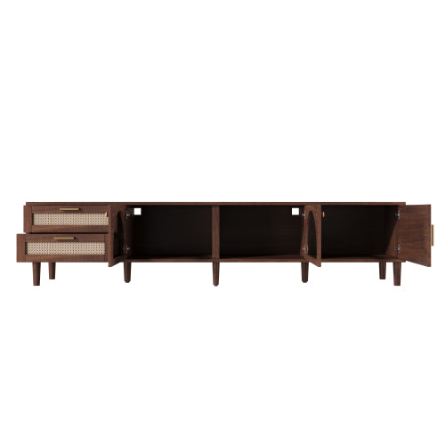 86.6 inch Dark Brown App Controlled LED Rattan TV Stand Glass Cabinets Fits Up To 90 inch TV