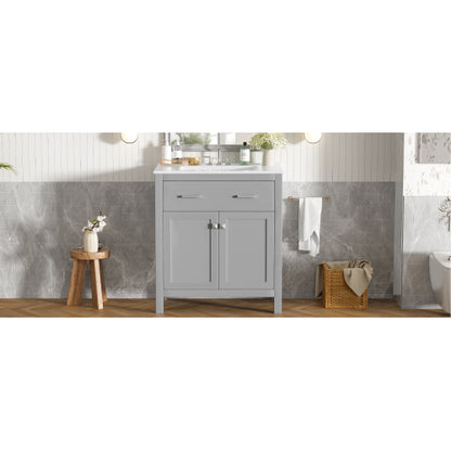 30" Bathroom Vanity with Ceramic Sink, Modern Gray Single Bathroom Cabinet with 2 Doors and a Shelf, Soft Close Doors