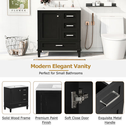30" Bathroom Vanity , Modern Bathroom Cabinet with Sink Combo Set, Bathroom Storage Cabinet with a Soft Closing Door and 3 Drawers, Solid Wood Frame(Black)