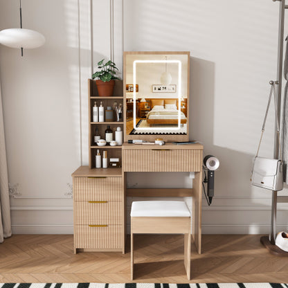 Modern LED Vanity Desk with 4 Drawers & Open Shelves, Built-In Outlet, Hair Dryer Holder & Dressing Chair, Black