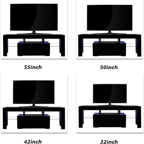 Black High Gloss UV LED TV Console, Flip Door Glass Shelf Stand for Up to 55 Inch TV