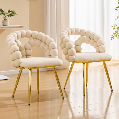 2 Pack Beige Velvet Dining Chairs, Bubble Cushion Back Accent Chairs with Gold Finished Metal Legs