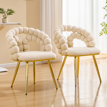 2 Pack Beige Velvet Dining Chairs, Bubble Cushion Back Accent Chairs with Gold Finished Metal Legs