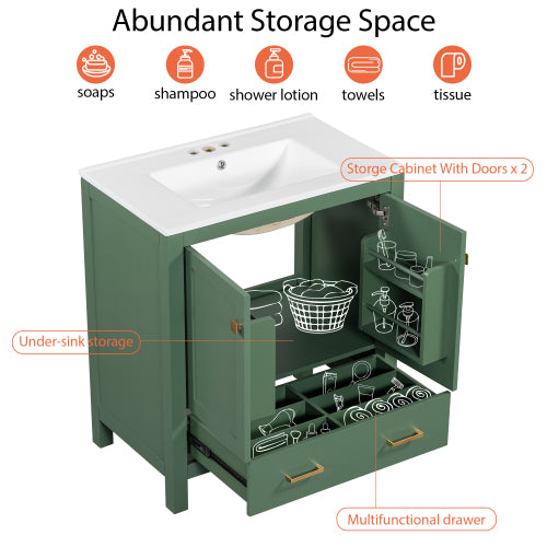 30 Inch Green Bathroom Vanity with Single Sink, Combination Under Counter Sink, Bathroom Storage Cabinet with 2 Doors and a Drawer, Soft Closure, Multifunctional Storage(WF324043)