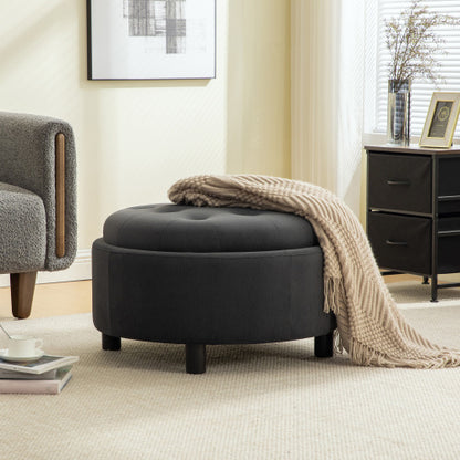 29.33 inch Grey Fleece Round Storage Ottoman, Hand Buckle Decor Reversible Lid Footstool, 300 LBS